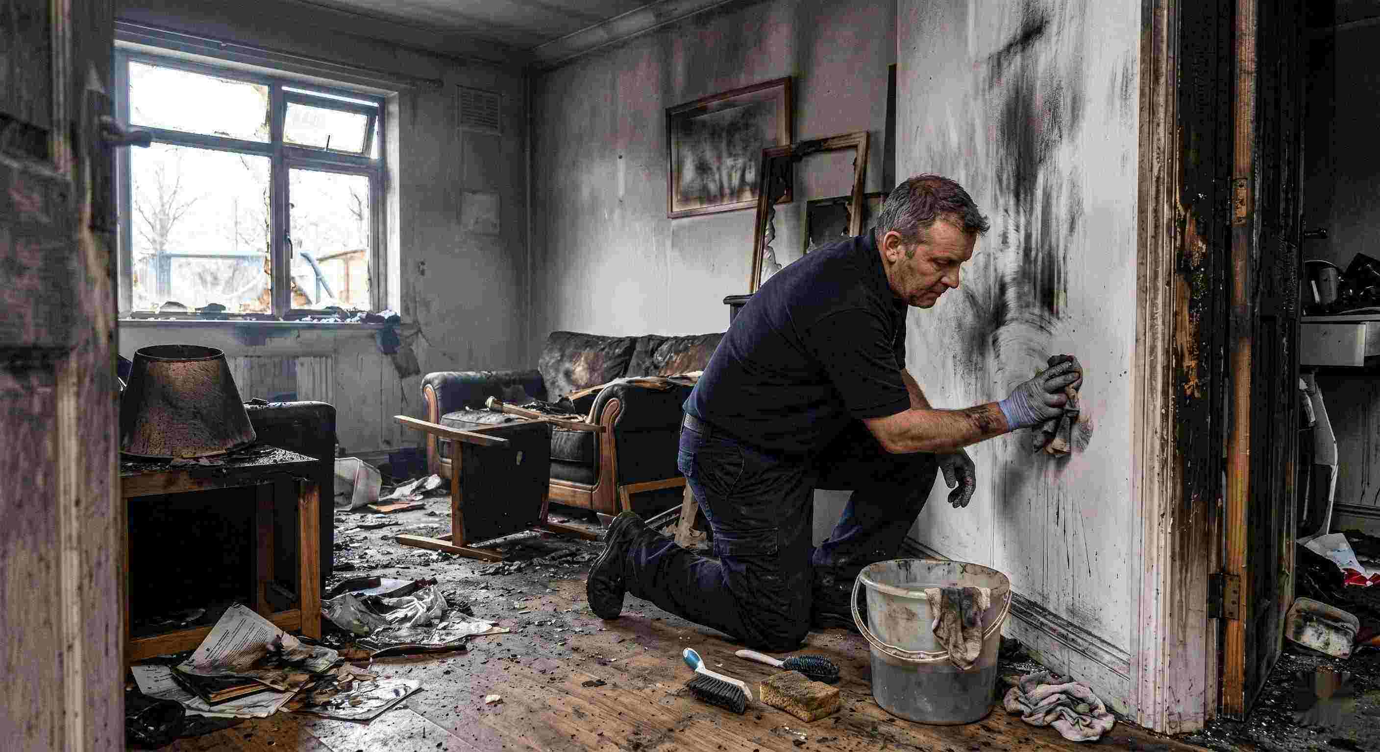 Technician performing soot removal in a fire-damaged home in Rochester, restoring smoke-damaged walls and surfaces.