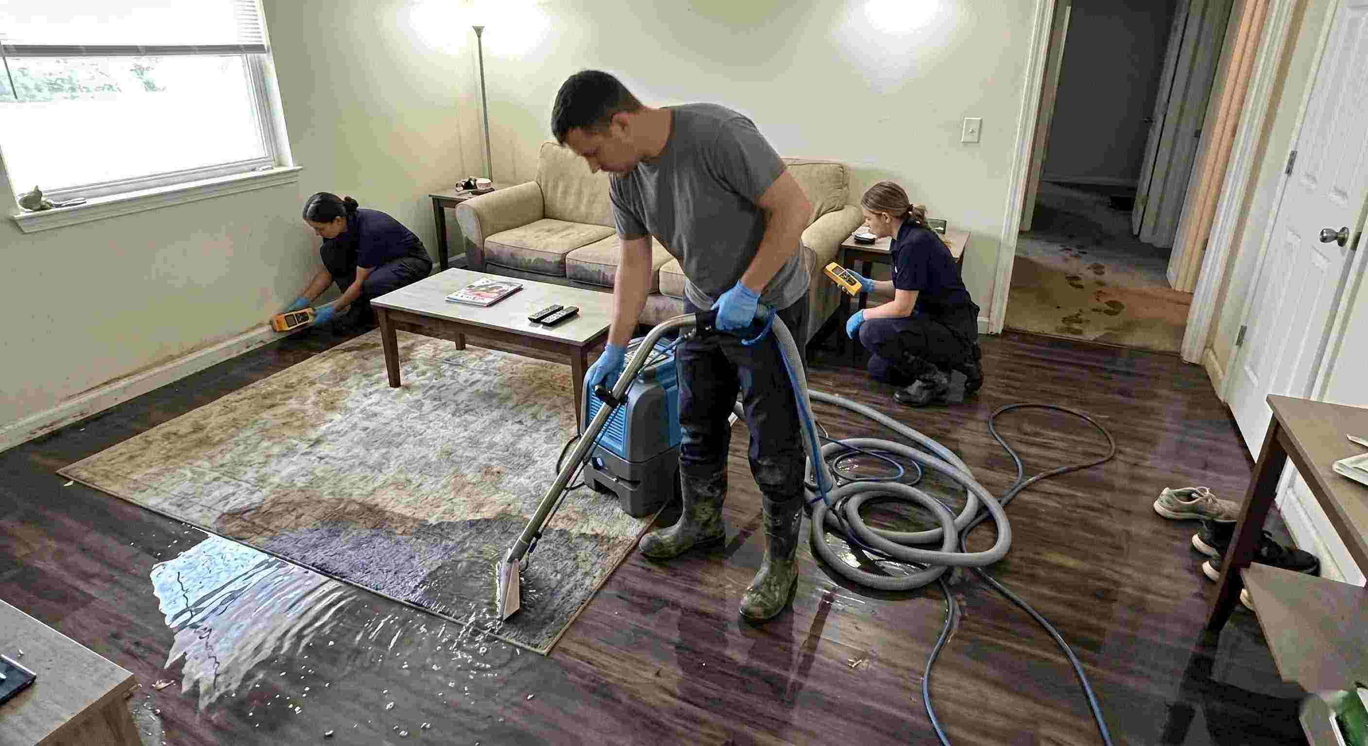 Standing water extraction service removing pooled water inside a home in Rochester