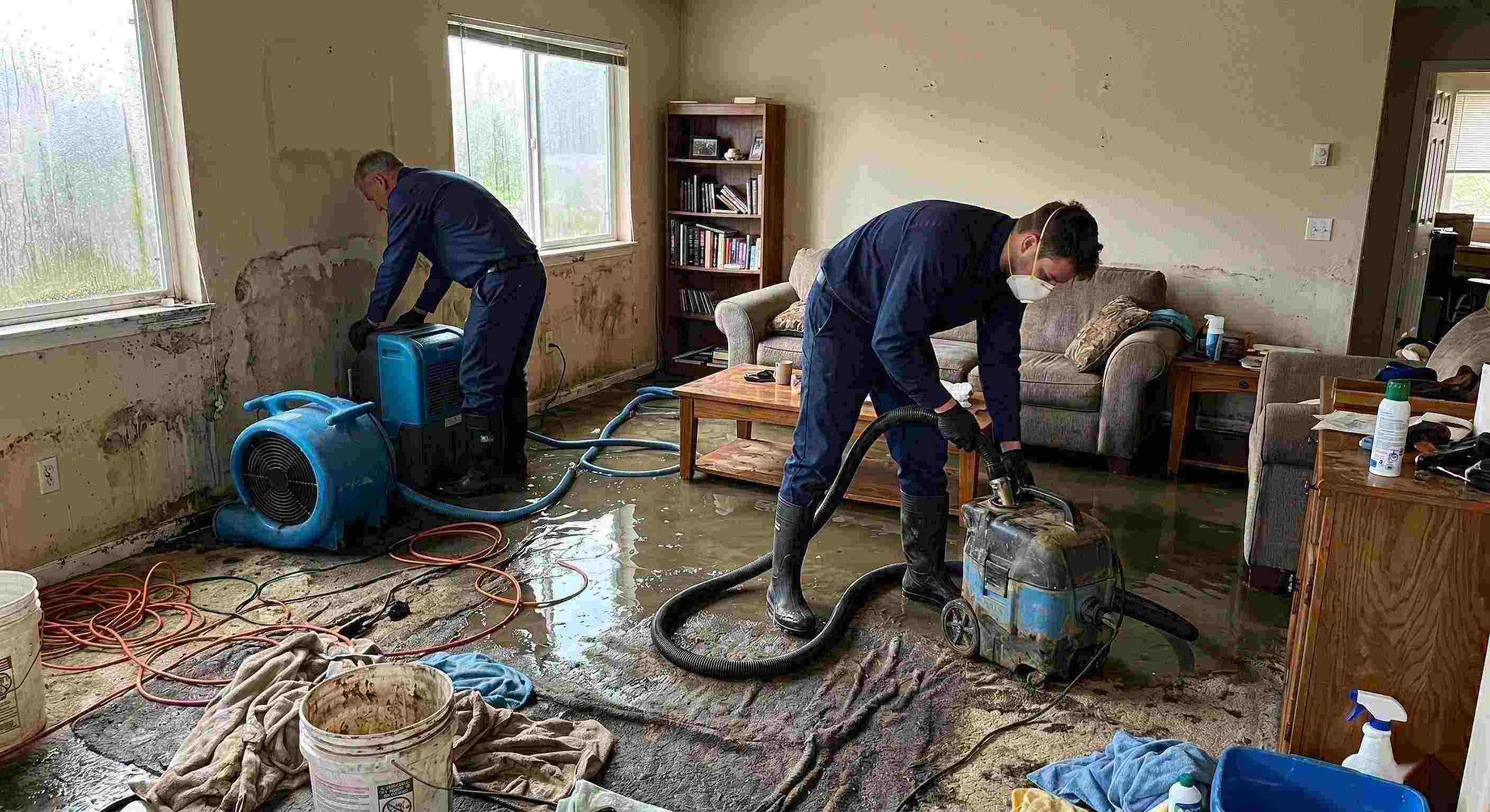 Storm water damage cleanup in a residential home showing technicians removing standing water and setting up drying equipment in Rochester.