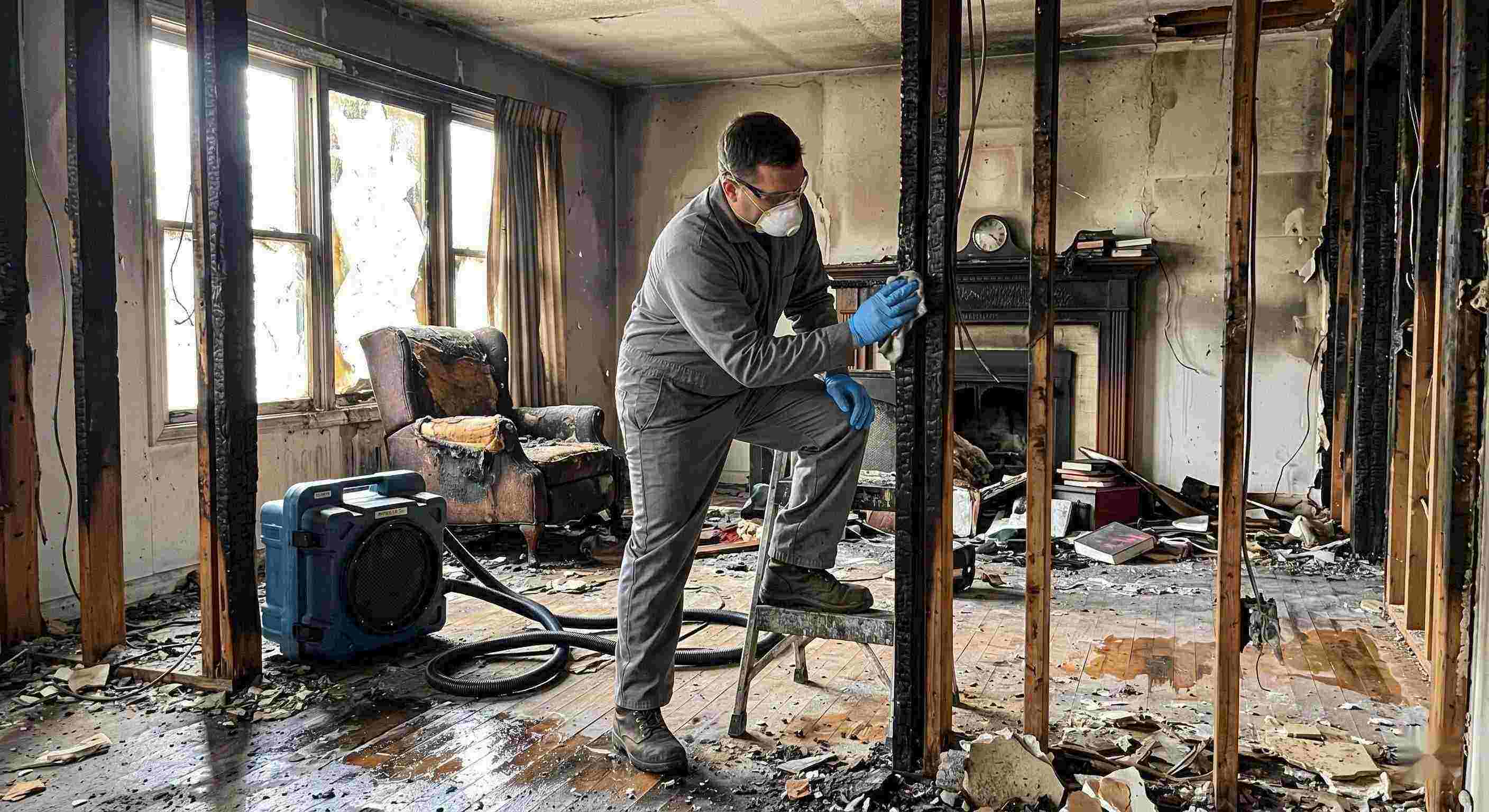 Fire damage structural cleaning after a residential fire in Rochester showing soot-covered beams, charred walls, and a technician restoring the home.