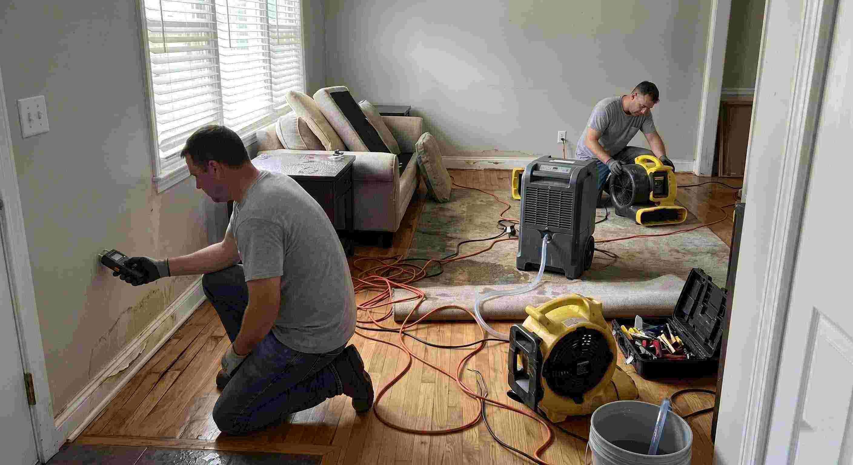 structural drying and dehumidification equipment removing moisture inside a water damaged home in Rochester