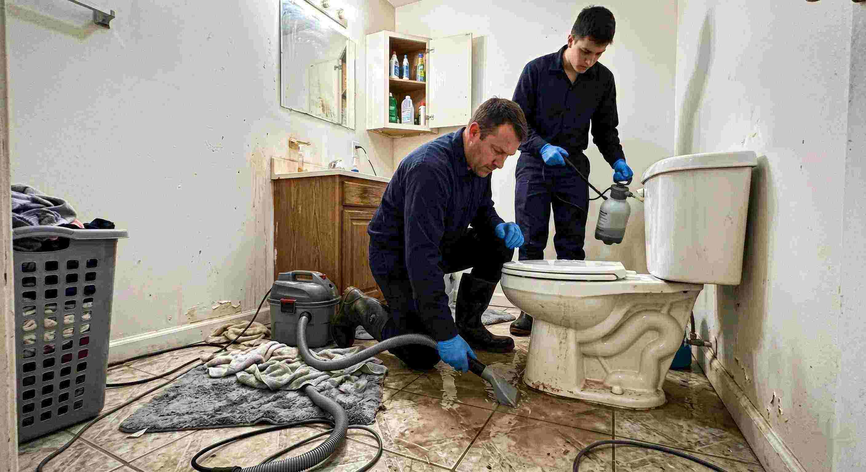 toilet overflow cleanup service in Rochester with technicians extracting contaminated water from bathroom floor