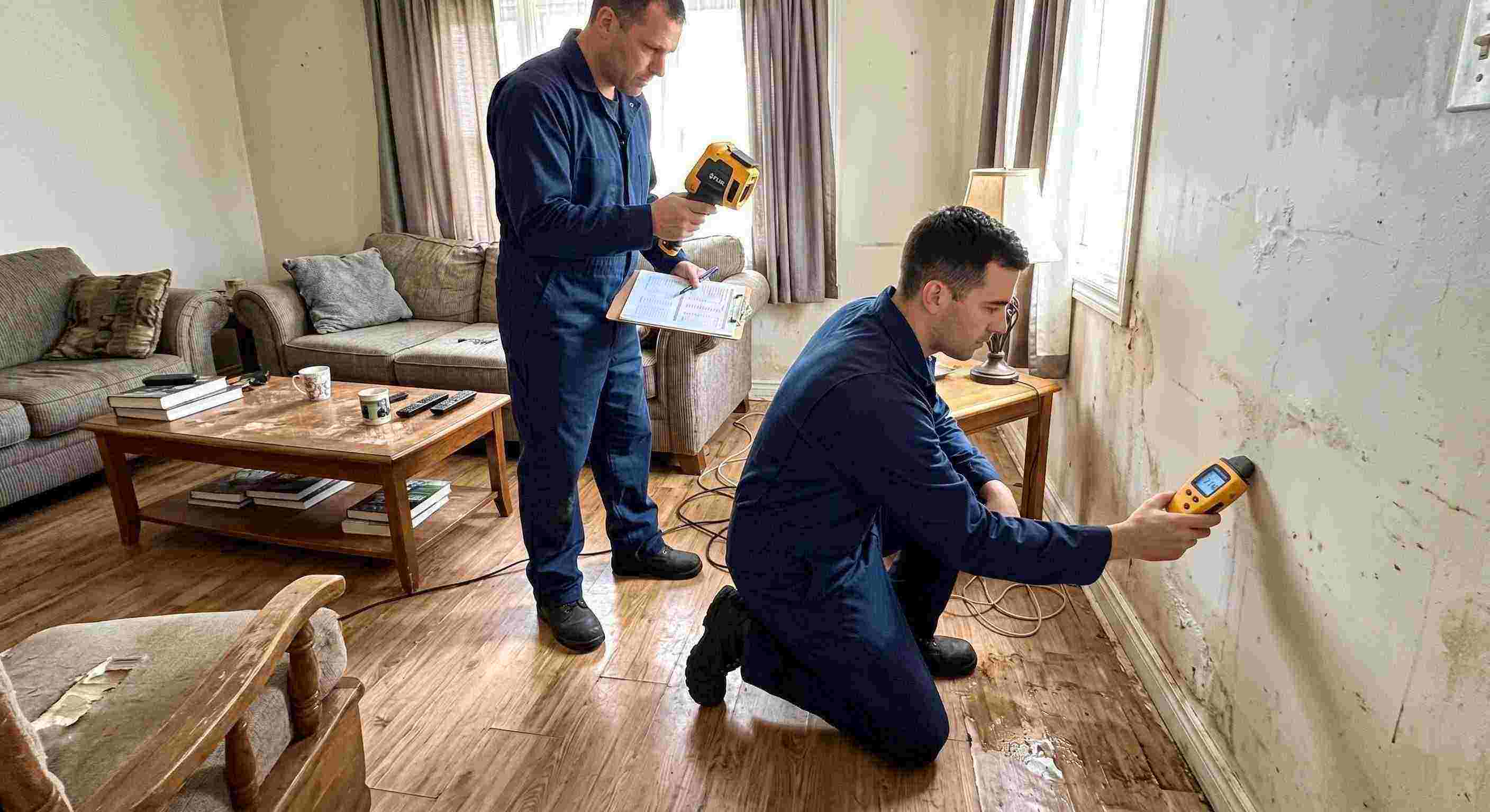 Trusted water damage inspection technician using moisture meter and thermal imaging in Batavia home