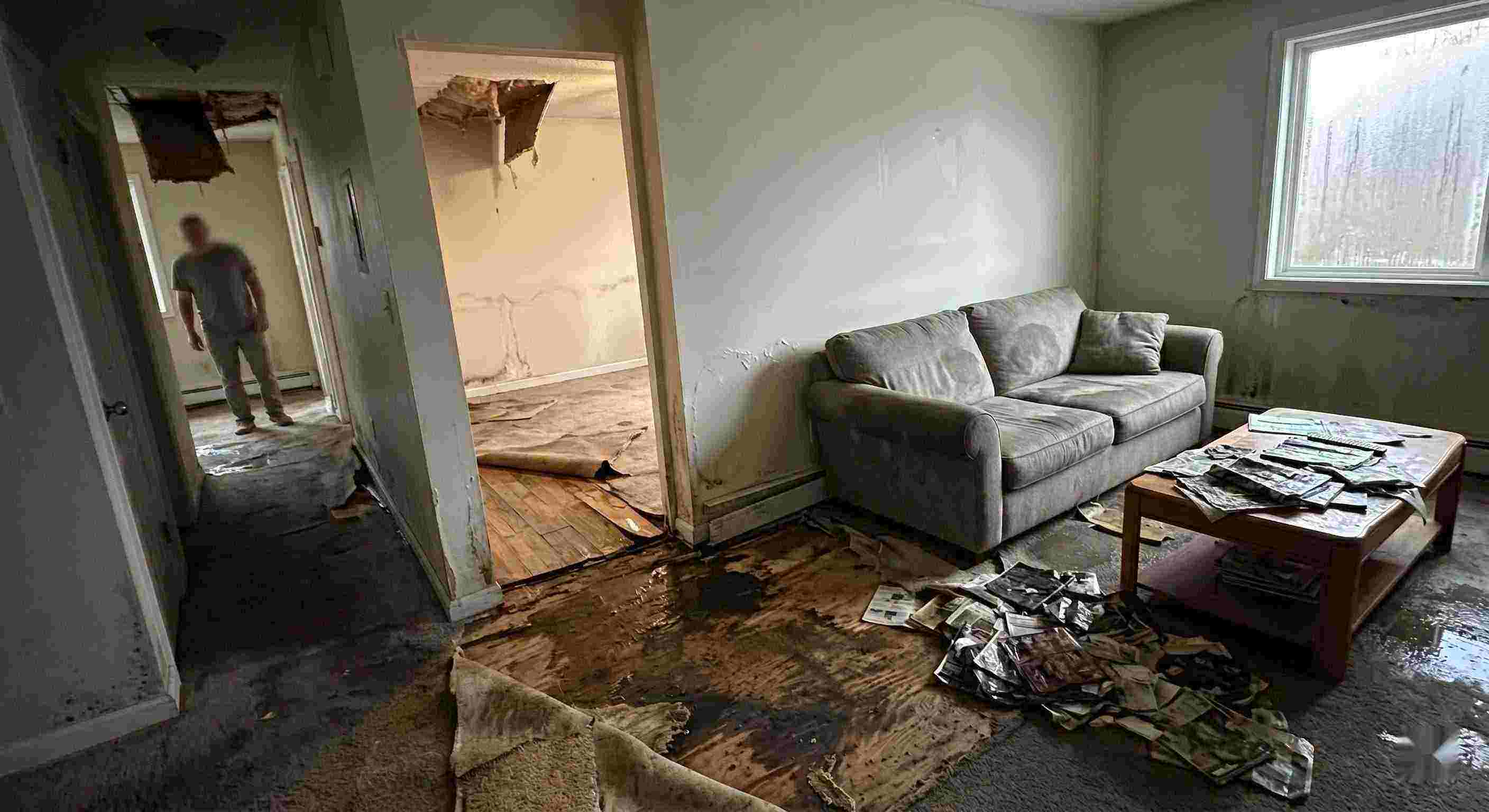 Expert severe indoor water damage in Batavia home with soaked floors, peeling walls, and structural deterioration