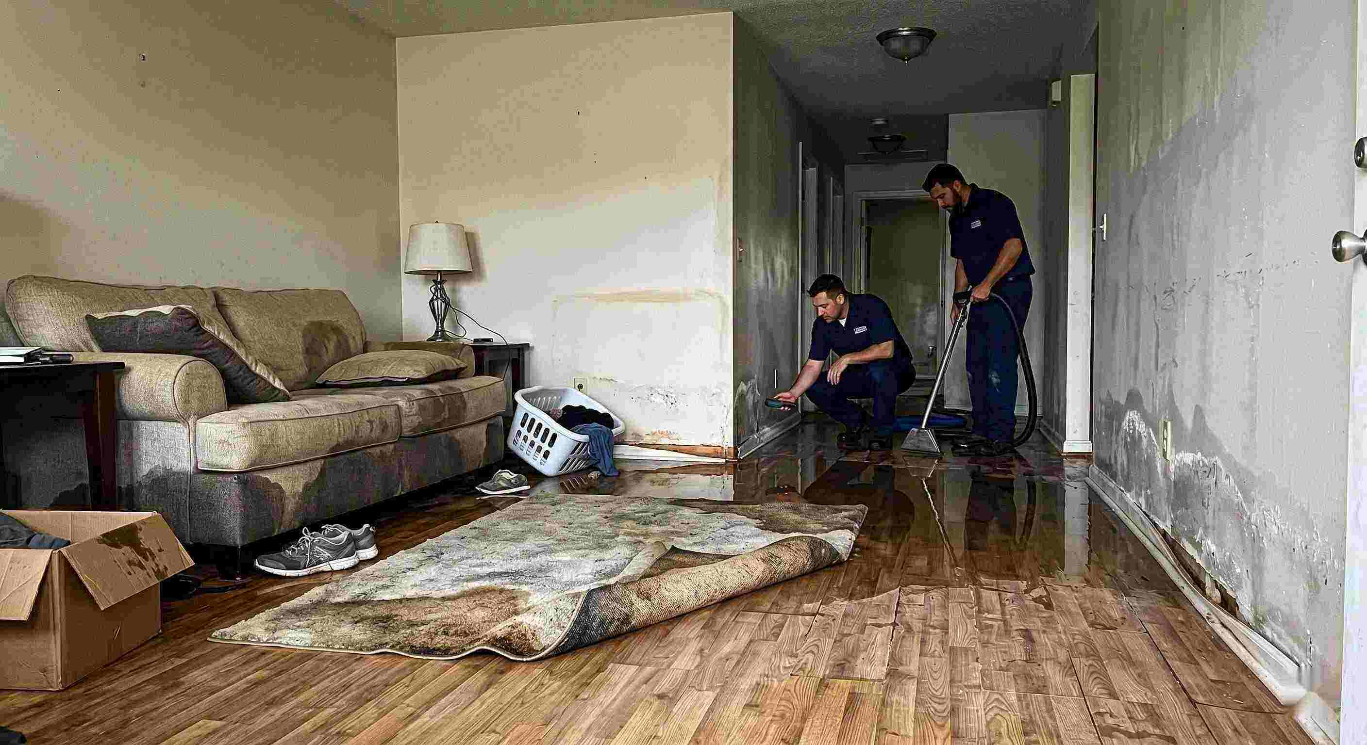 water damage spreading across floors and walls inside a home in Rochester showing soaked flooring and structural impact