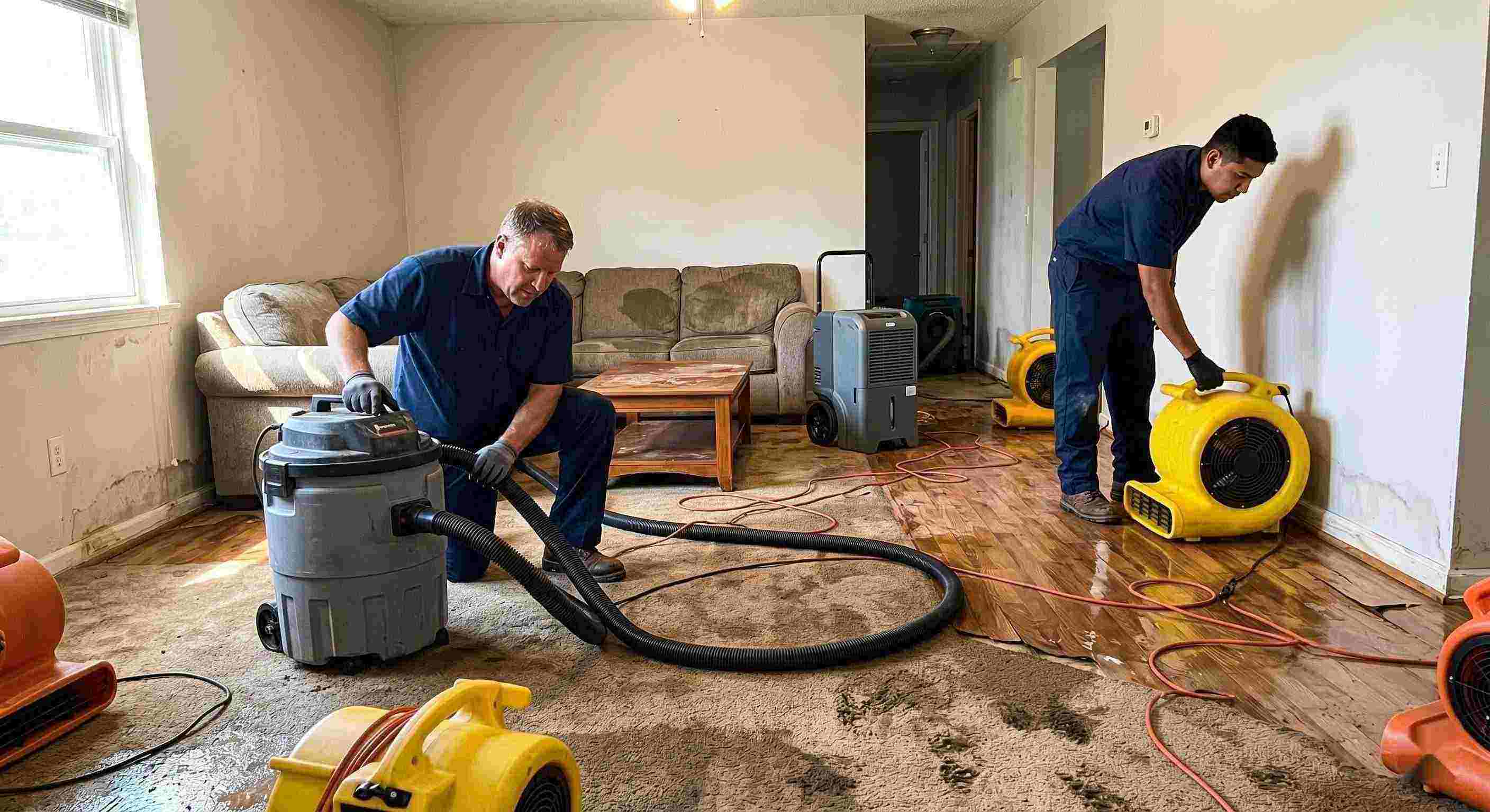 Top-rated water extraction and drying service in Batavia removing standing water and moisture from flooded home interior