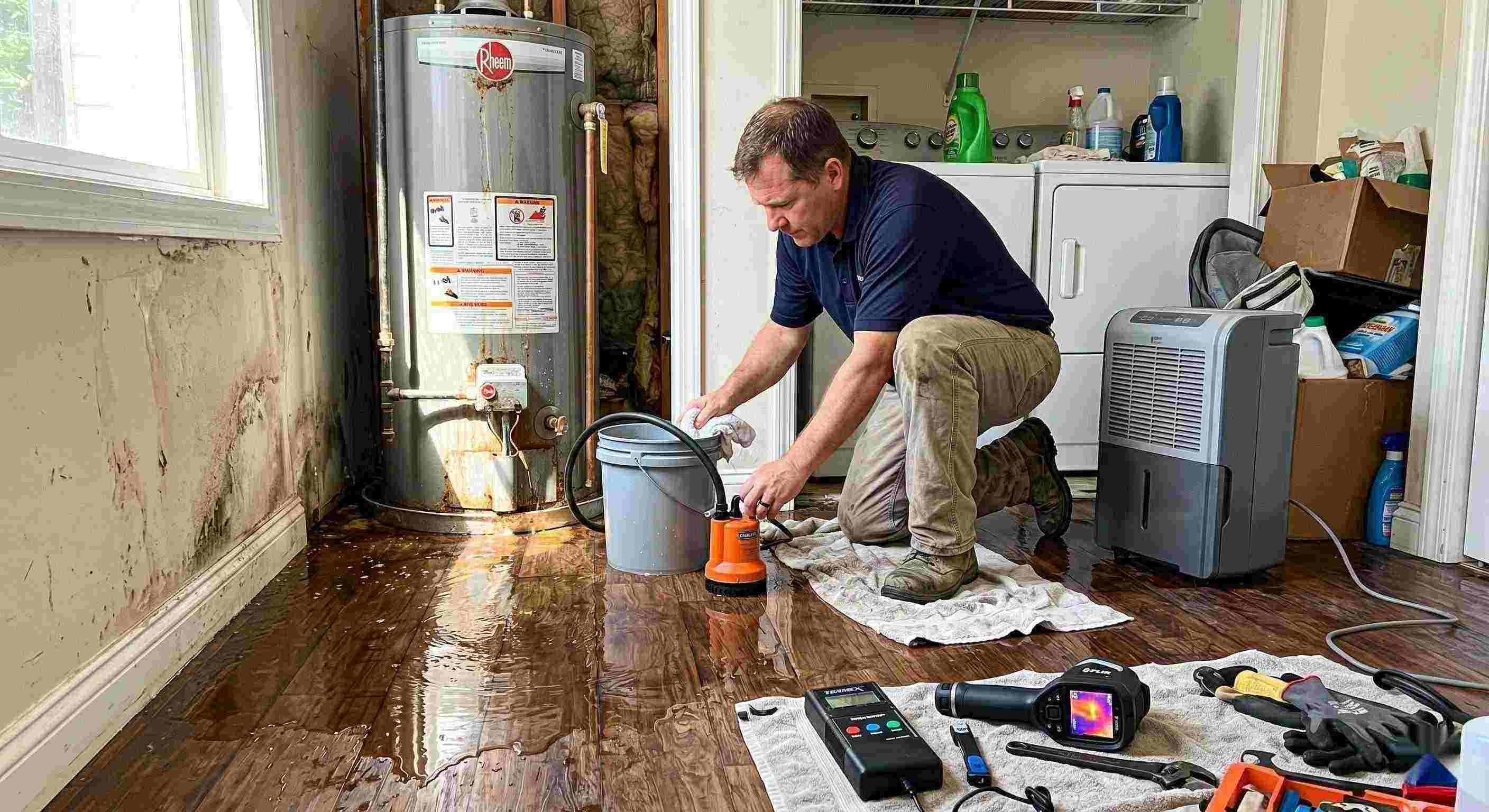 Technician performing water heater leak damage restoration in a home with water pooled on the floor and visible moisture damage in Rochester