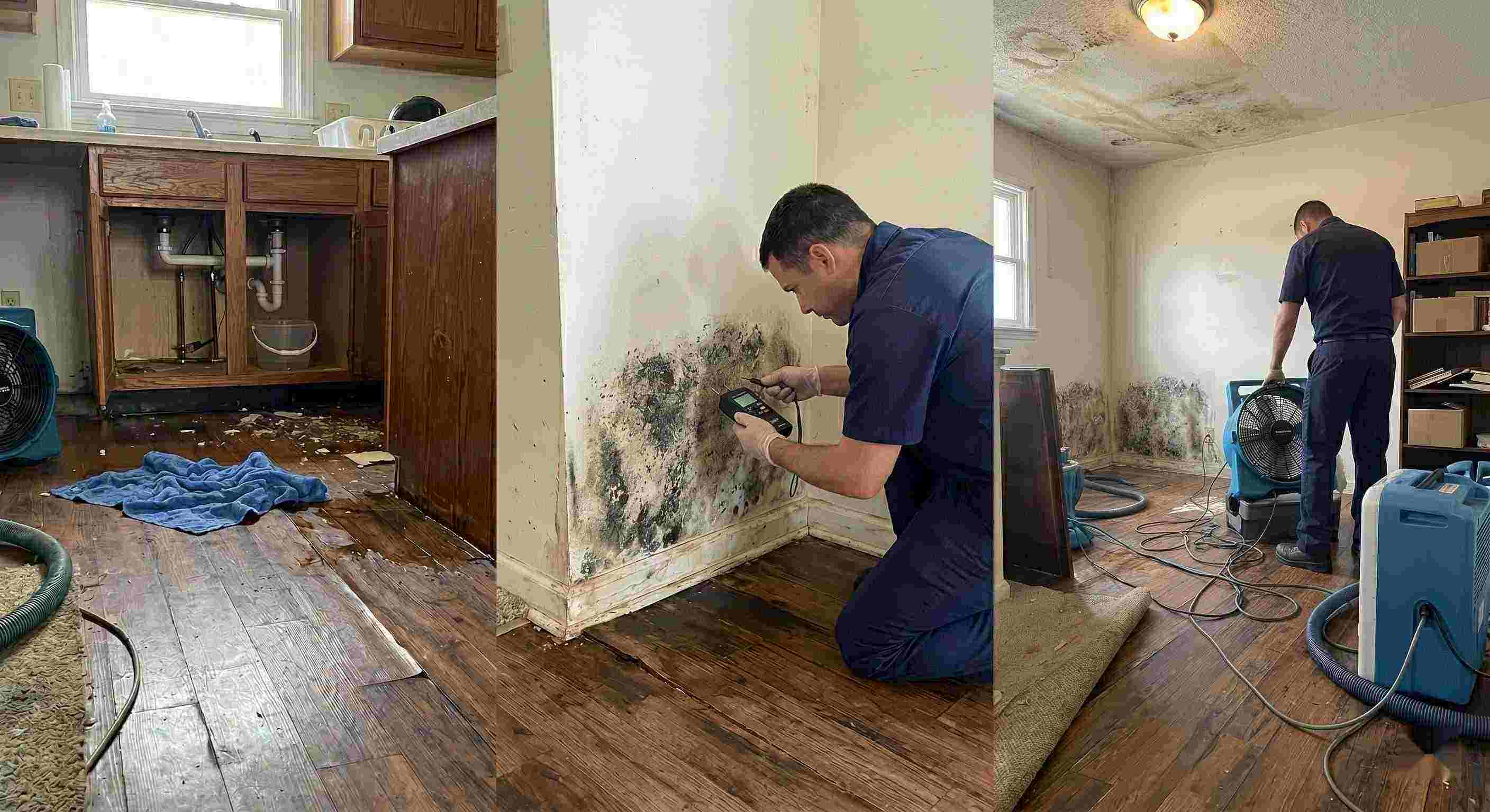 Realistic photo of water leak damage inside a home, showing pooled water, damp flooring, and technicians performing leak damage restoration in Rochester.