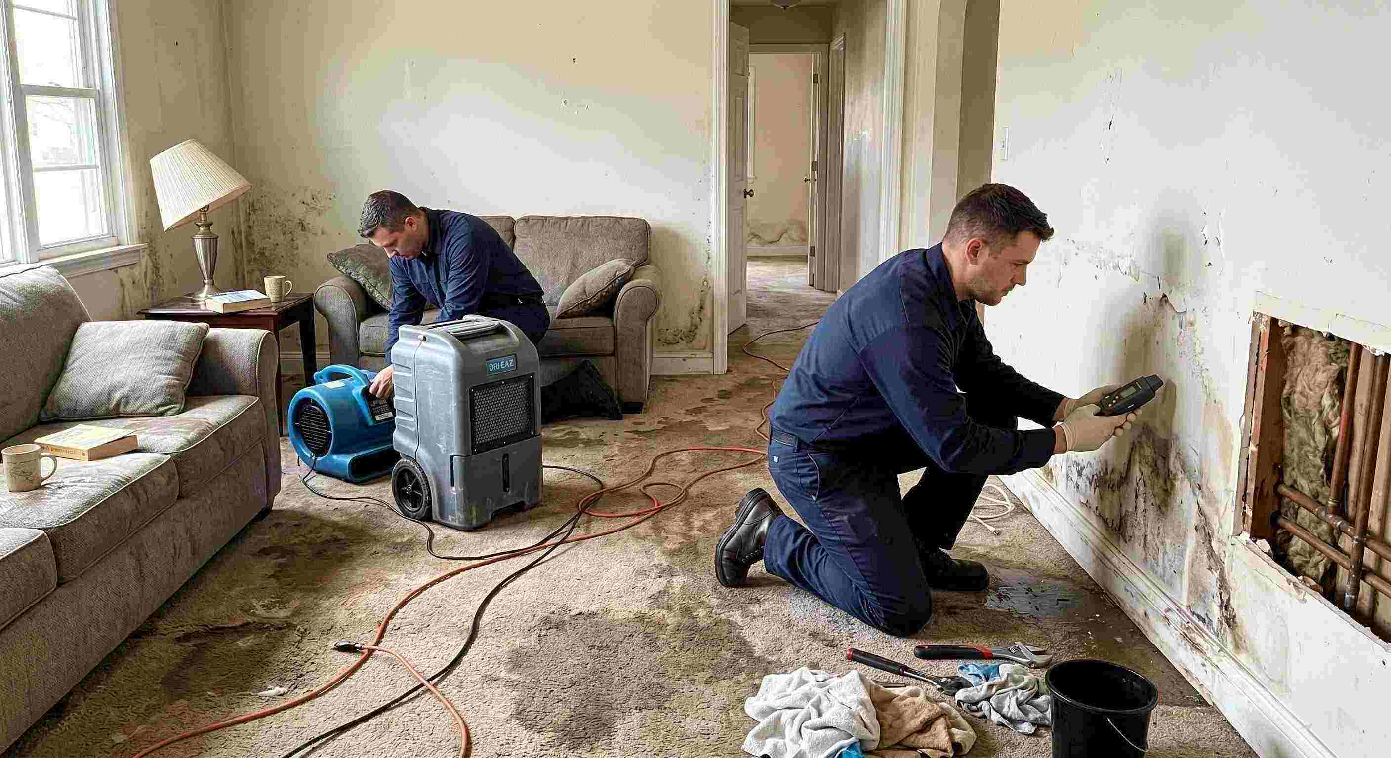 Realistic water leak damage repair scene in a residential home showing technicians locating and repairing a hidden pipe leak in Rochester.