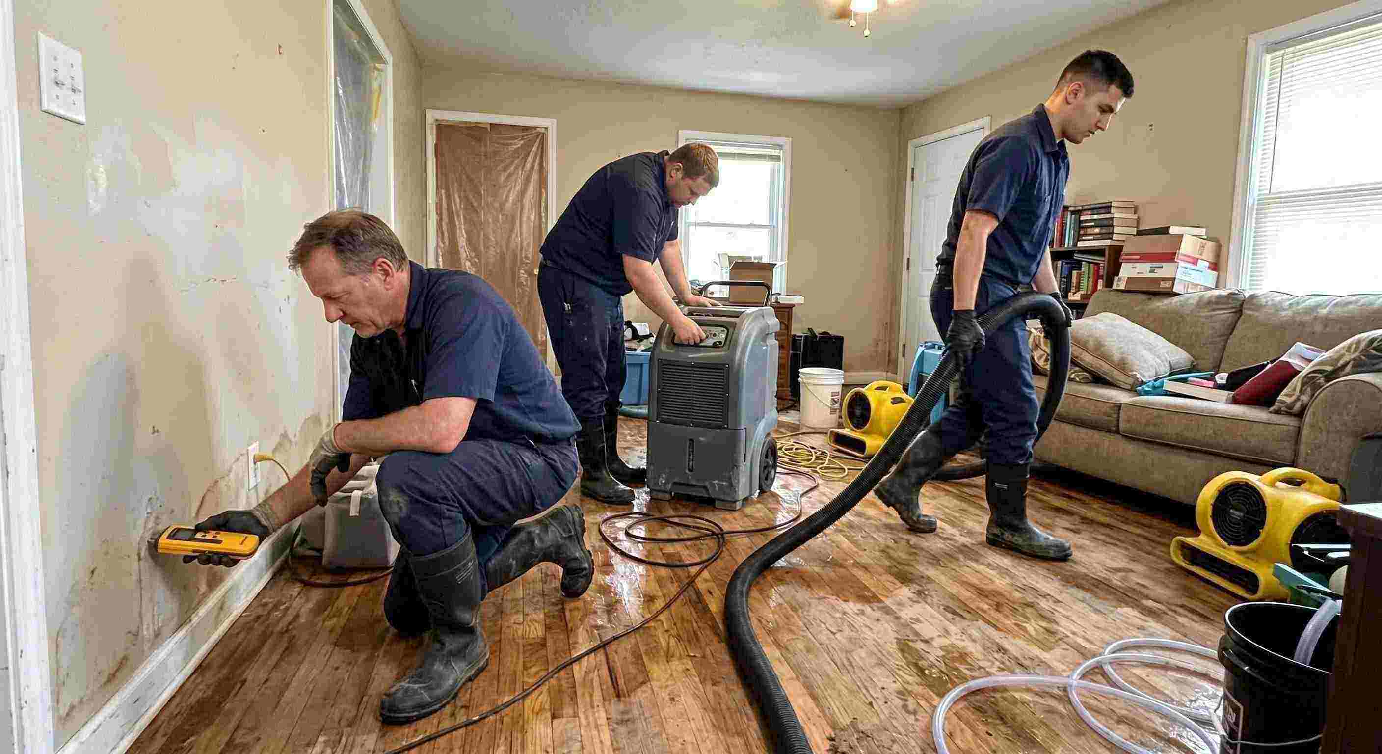 water restoration experts team using professional equipment during water extraction in Rochester