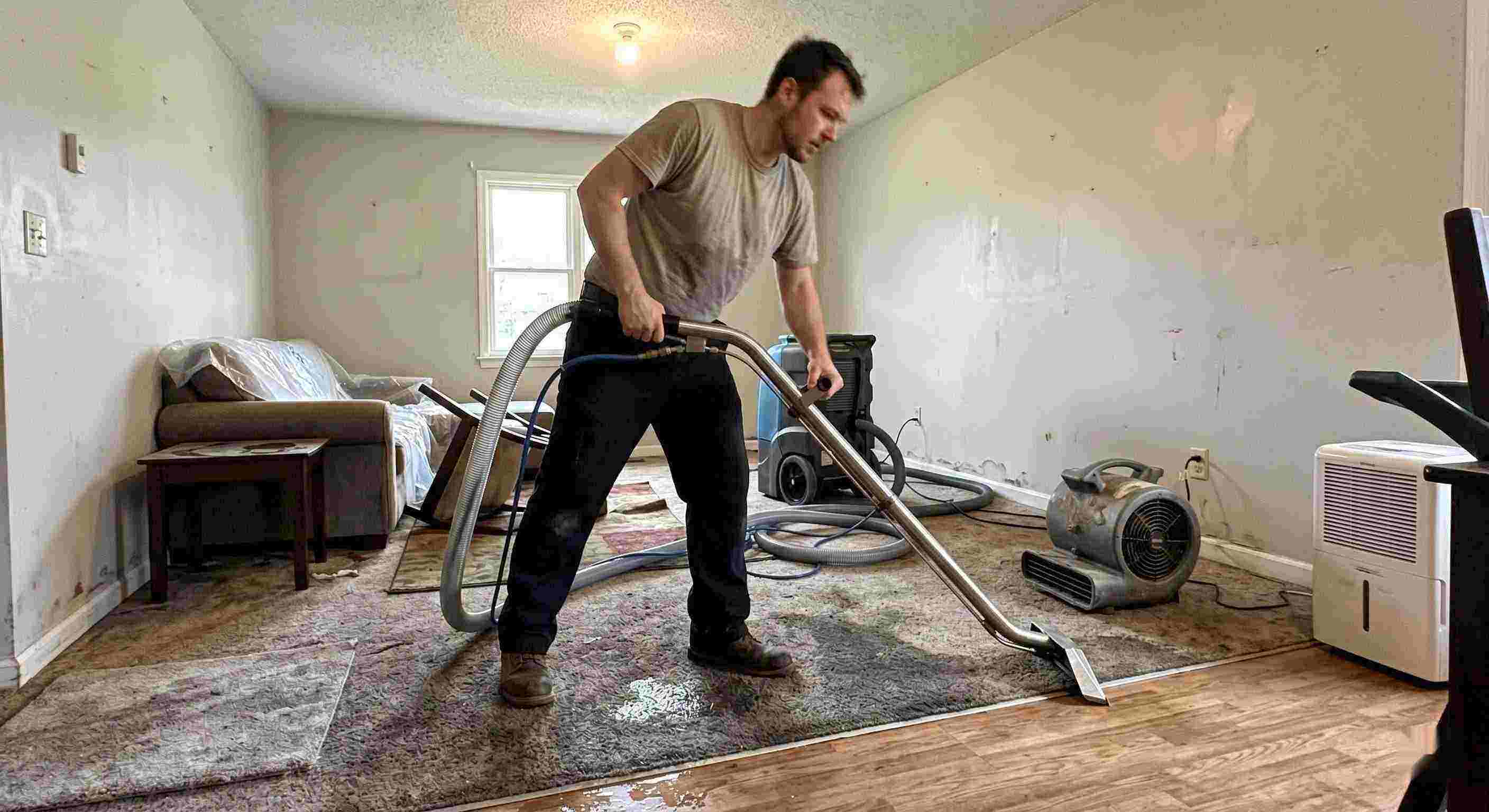 Water extraction technician removing water during restoration process in a residential home in Rochester