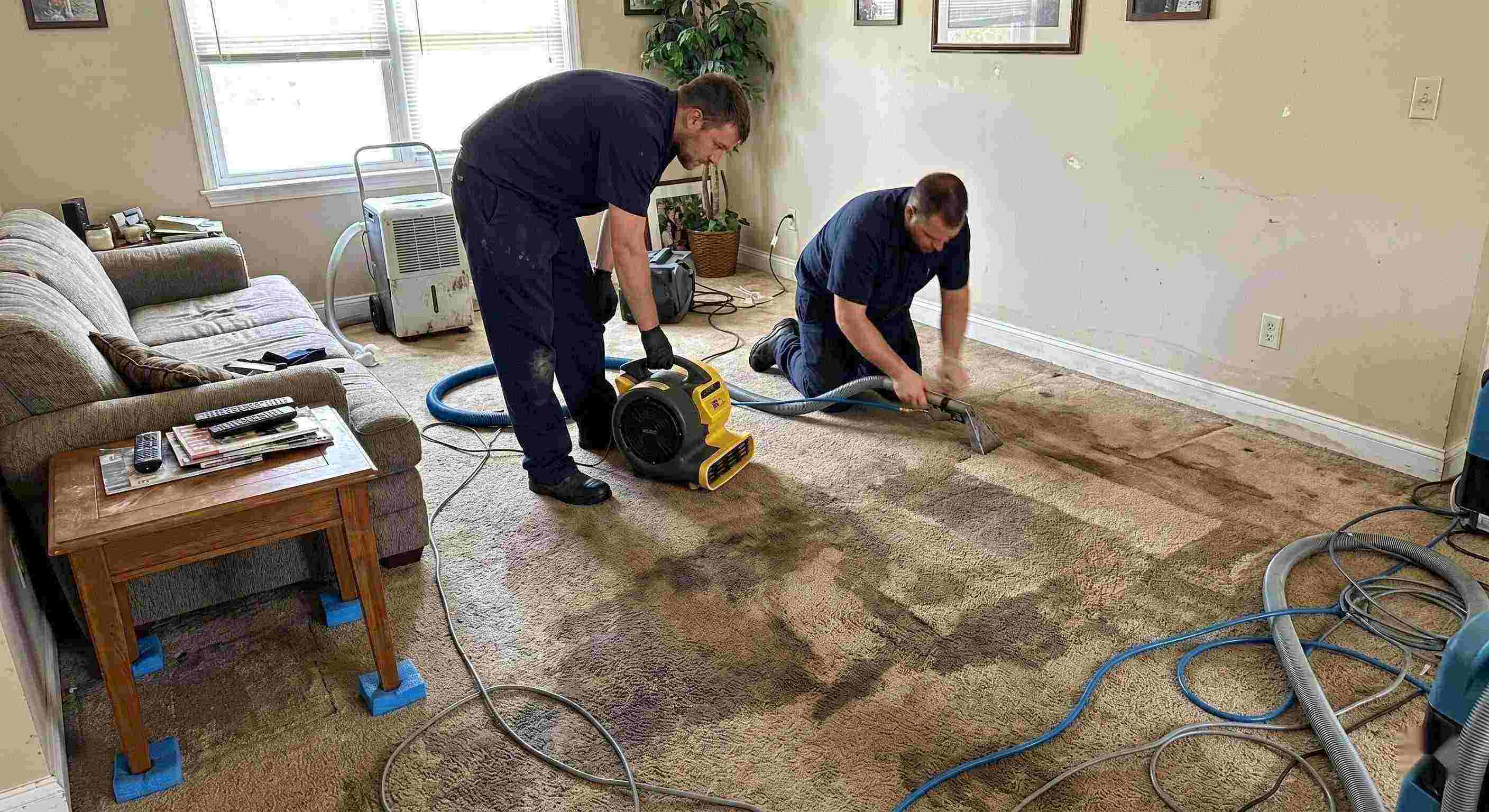 wet carpet cleanup service in Rochester removing moisture from soaked residential carpet using extraction and drying equipment