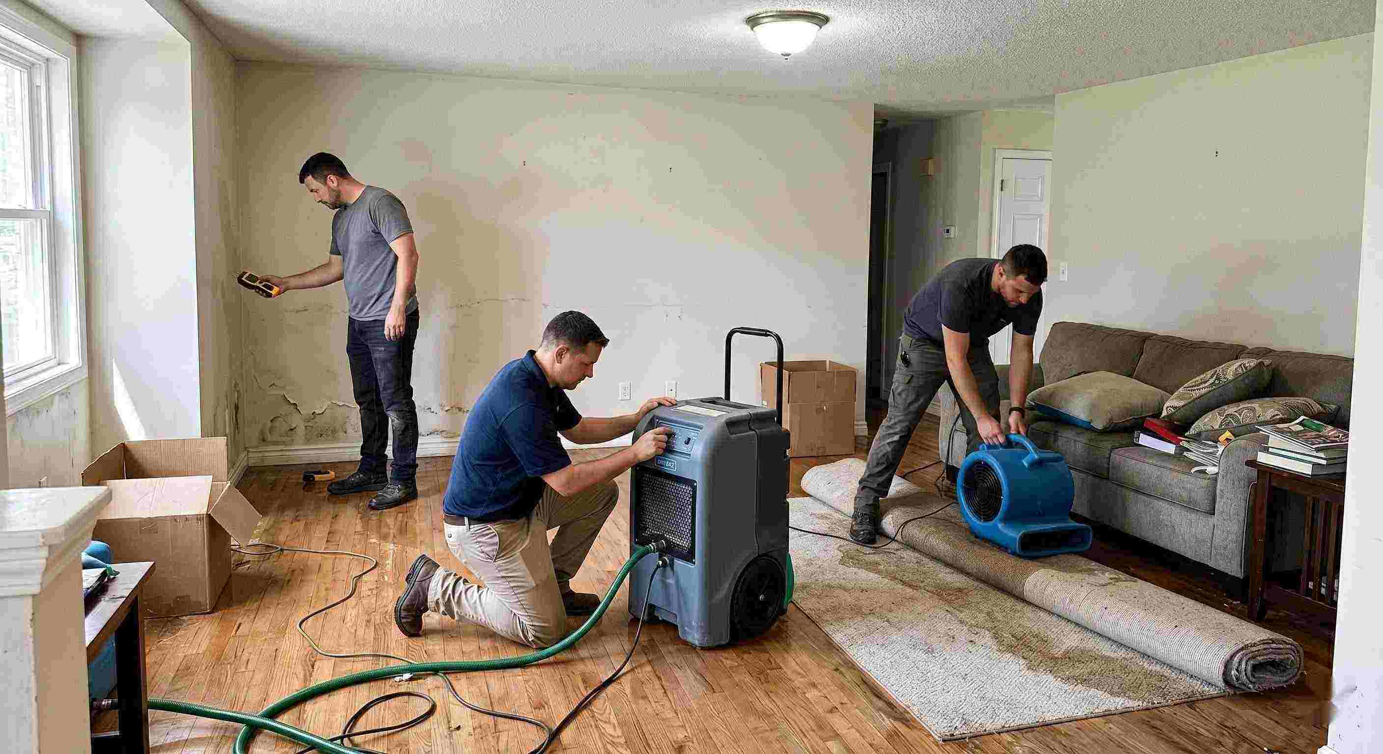 Local flood restoration team working in a water-damaged home, showing equipment and hands-on cleanup process in Rochester