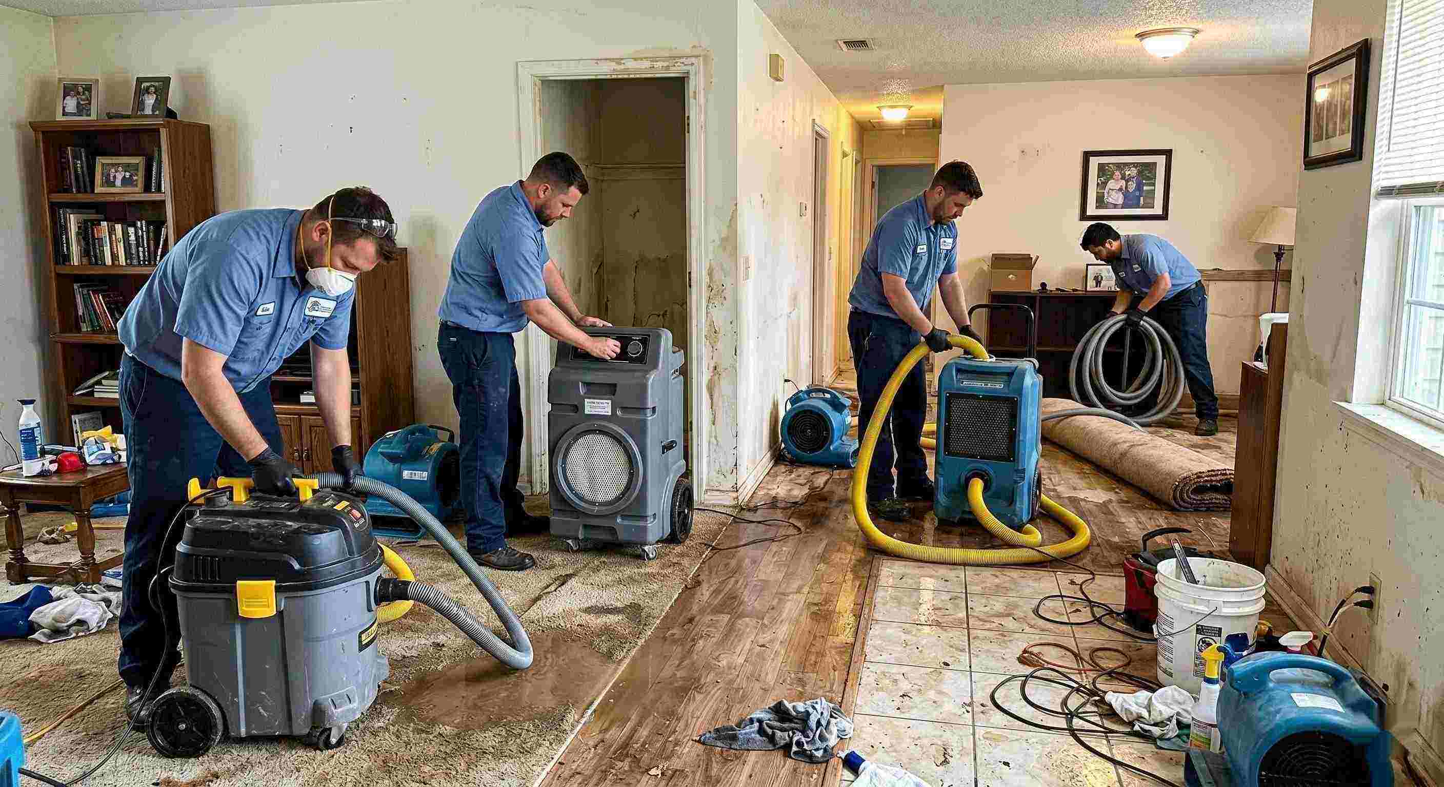 Realistic photo of sewage backup cleanup team using professional equipment in a home interior, showing trust, teamwork, and proper restoration techniques in Rochester.